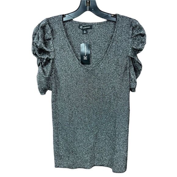 INC International Concepts Top Scoop Neck Black Metallic Puff Sleeves Stretch XL - Picture 5 of 16